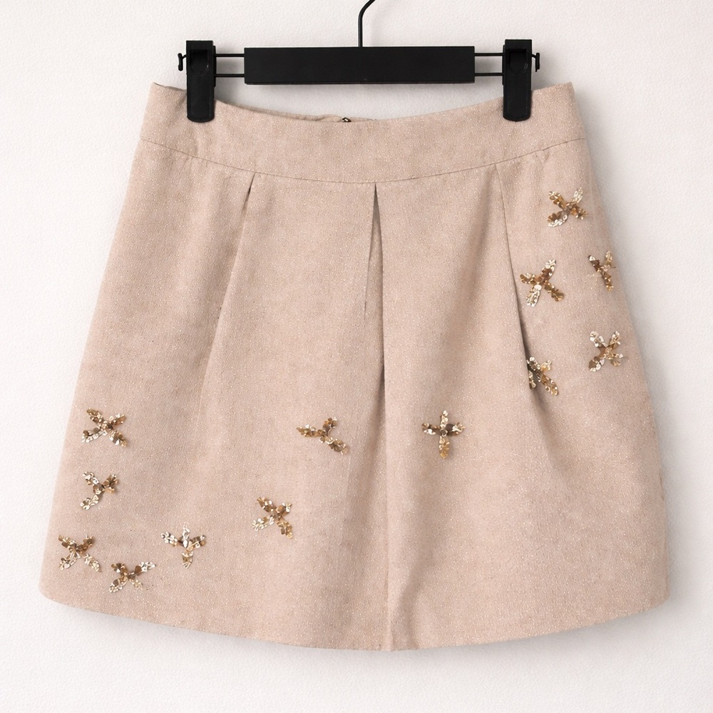 Anthropologie Leifnotes Sequin Bird Mini Skirt Gold Tan Sz 4 26”